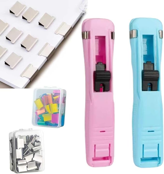 Portable Binder Clip Stapler - Includes 50 Reusable Clips Desktop Push Stapler Binder Clip Paper Clamps Handheld Reusable Push Paper Dispenser for Document School Office (2PCS E)