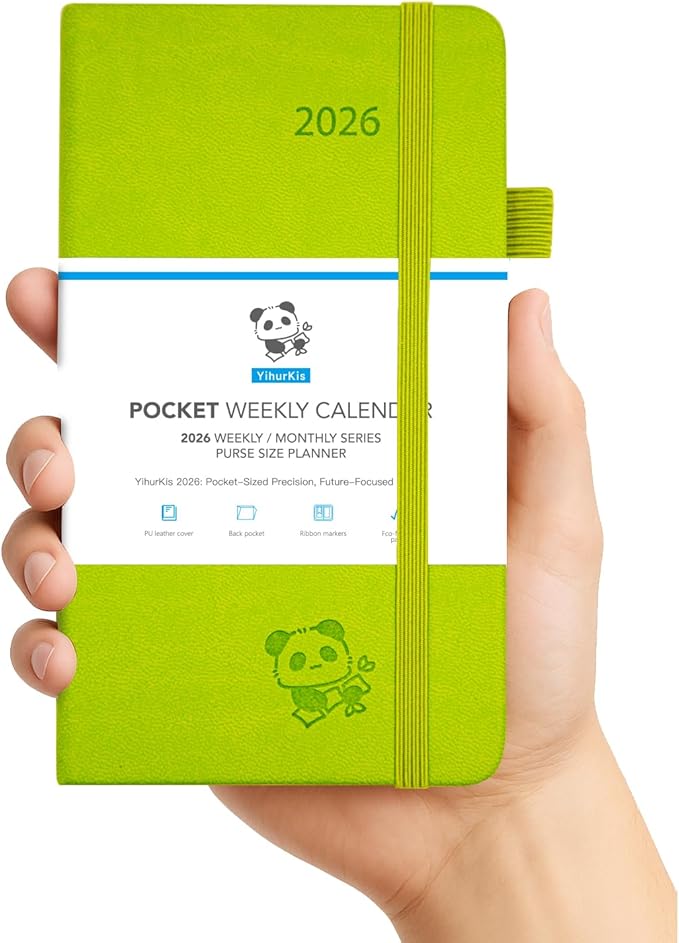 2026 Pocket Calendar by YihurKis - Weekly and Monthly Planner, 3.5'' x 6'', 2026 Purse Planner with Pen Holder, Leather Hard Cover, Inner Pocket For Men & Women - Green