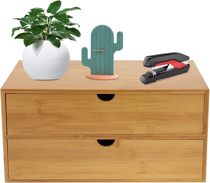Bamboo Desk Organizer, Drawer Tabletop Storage Organization Box for Office Home Toiletries Supplies, No Assembly Required (2 Drawer)