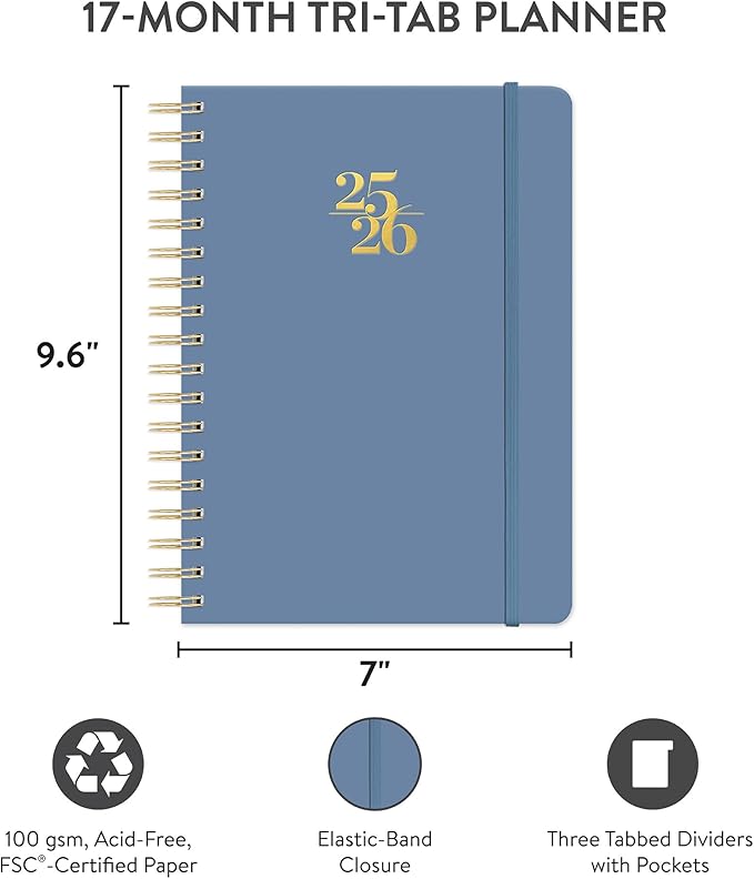 Orange Circle Studio 2026 Planner, Amazon Exclusive, Blue Gray, Tri-Tab Planners, Triple-Section, 9.6" x 7", Weekly Monthly Planner Calendar for School or Work, Note Pages