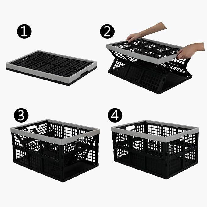 2-Pack 42 L Plastic Collapsible Storage Crates, Large Stackable Storage Container Basket, Folding Crates Storage