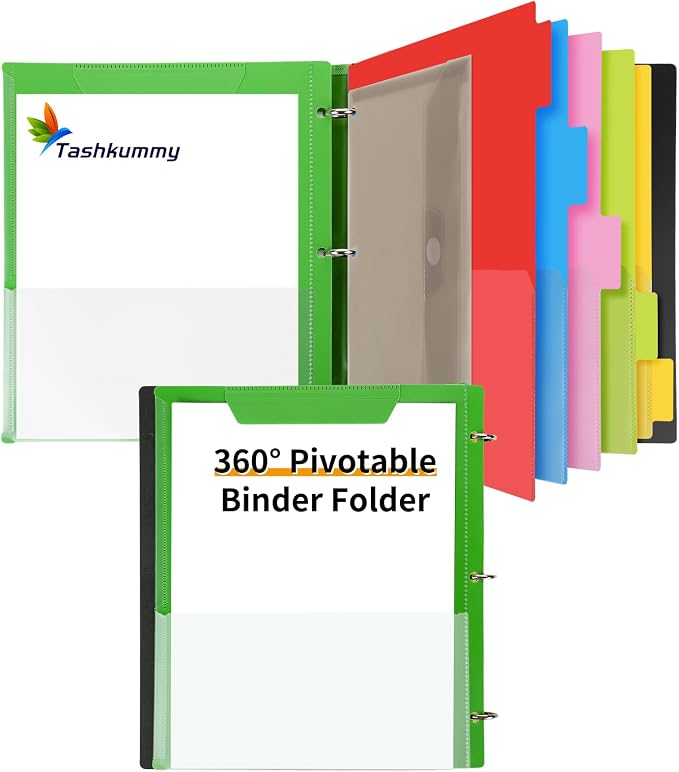 360 Pivotable Project Organizer, 3 Ring Binder with Colored Tab Dividers and Pockets, Customizable Front Cover Multi Pocket Folder for Home, School, Office - Green
