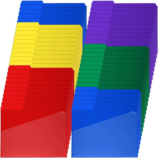 Dispowreath 50 Pcs Plastic File Folders with Slash Clear Front Pocket Colored Folders Poly Folders with 1/3 Cut Tab Letter Size Stronger Than Manila for Office Home 5 Colors