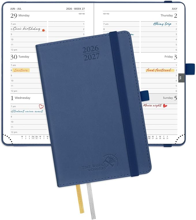 POPRUN Pocket Planner 2026-2027, Purse Size-4" x 6.25", Pocket Calendar (July 2026-June 2027) for Purse, Academic Small Weekly Planner with Hourly Slots, Leather Soft Cover, 100GSM - Navy Blue