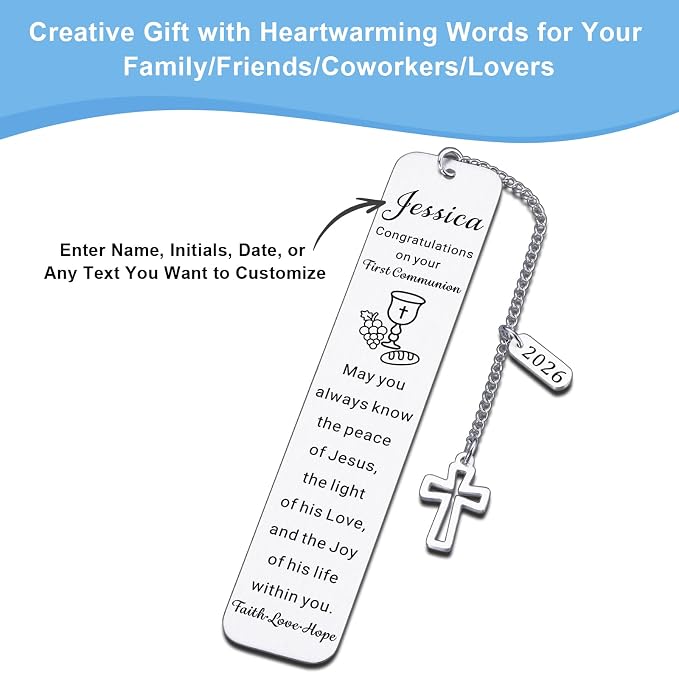 First Communion Bookmark for Girls Boys Teenager, 1st Communion Gifts for College Girls Teens, Custom Catholic Bookmark for Women, Personalized Gifts Christian Bookmarks, Teen Easter Basket Stuffers