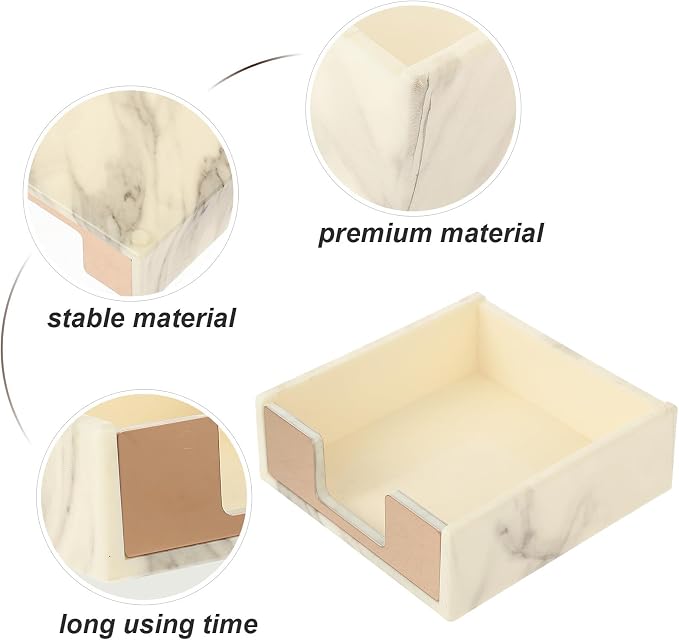 Memo Pad Box and Sticky Paper Case, Marble Pattern Desktop Notepad Organizer Gold Accent, Office Supply Organizer for Memo Pad Storage and Note Dispensing