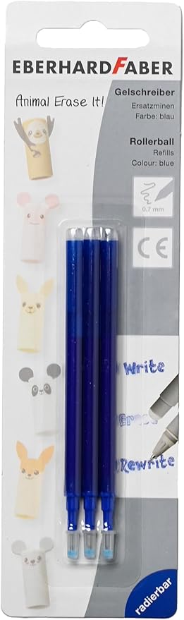 Eberhard Faber Blue Erasable Gel Ink Refills Compatible with Most Known Gel Pens - Set of 3