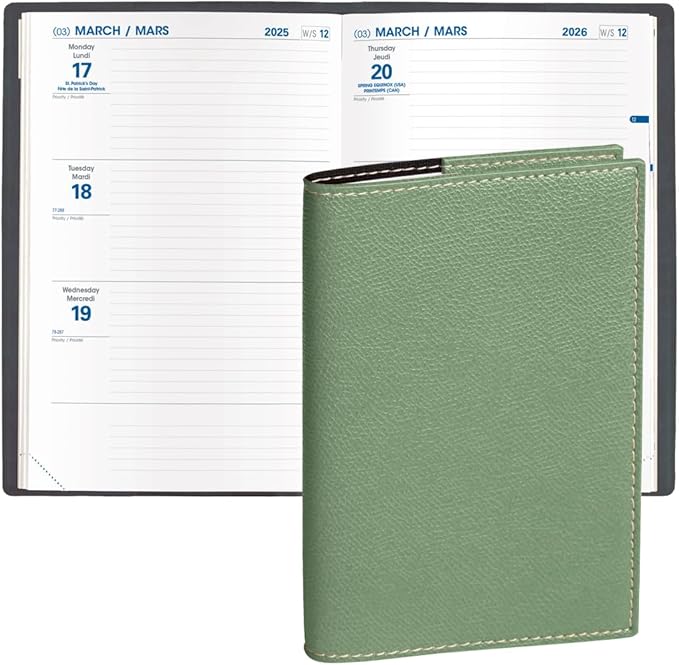 Quo Vadis 2026 Hebdo - Bi-Lingual (EN/FR) - Weekly/Monthly Planner - 12 Months, Jan. to Dec. - 6 1/4 x 9 3/8" - Grained Faux Leather Club Sage Covers - Productivity Time Management Organizer