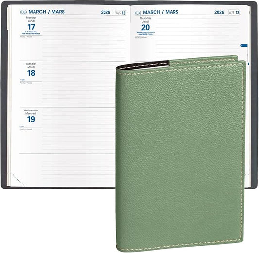 Quo Vadis 2026 Hebdo - Bi-Lingual (EN/FR) - Weekly/Monthly Planner - 12 Months, Jan. to Dec. - 6 1/4 x 9 3/8" - Grained Faux Leather Club Sage Covers - Productivity Time Management Organizer