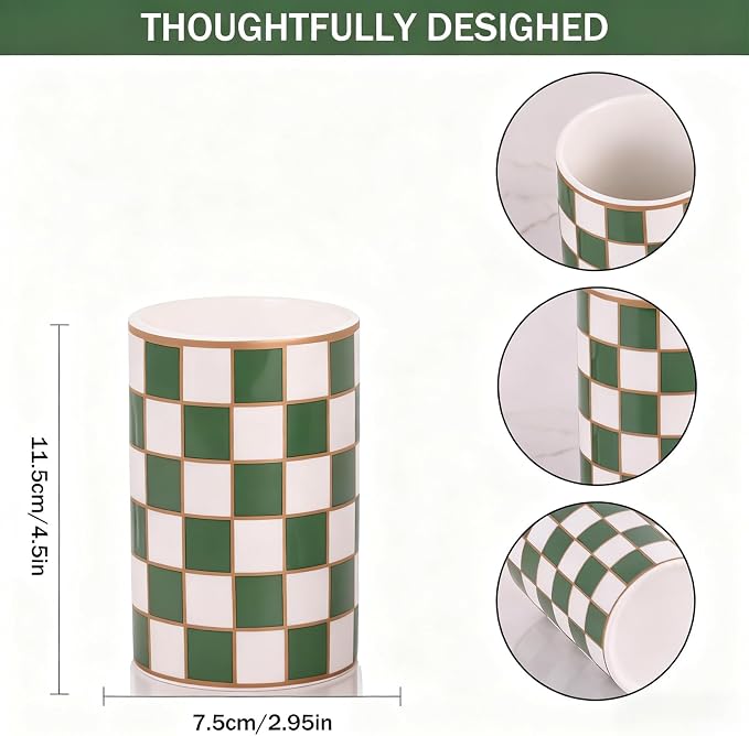 Ceramic Checkered Pen Holder For Desk,Cute Stand Black And White Pencil Cup,Durable Ceramic Pencil Cup, Decorative Makeup Brush Holder Cup, Stationery Holder for Office, School, Home (Green)
