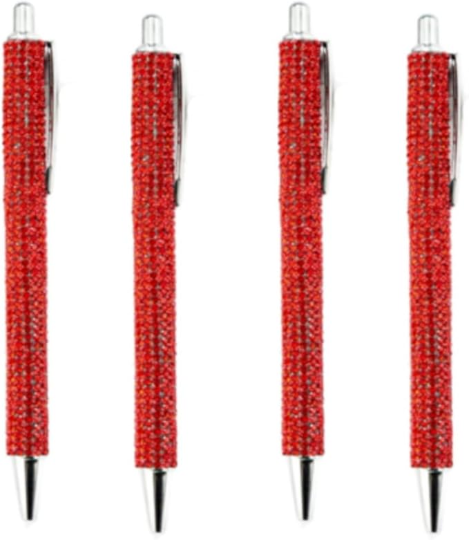 4Pcs Red Rhinestone Bling Metal Ballpoint Pens Stationery Press Pen Black Ink Gift Pens for Women Girls Coworkers Novelty Cool Signature Pen Writing and Correction Supplies Pens and Refills