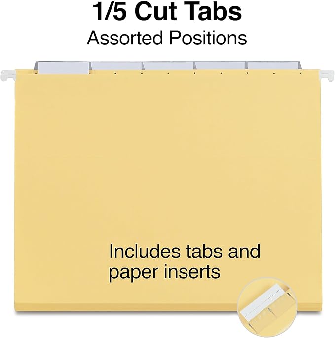 Staples Hanging File Folders, Letter Size, 5‑Tab, Yellow, Durable Construction – 50/Carton