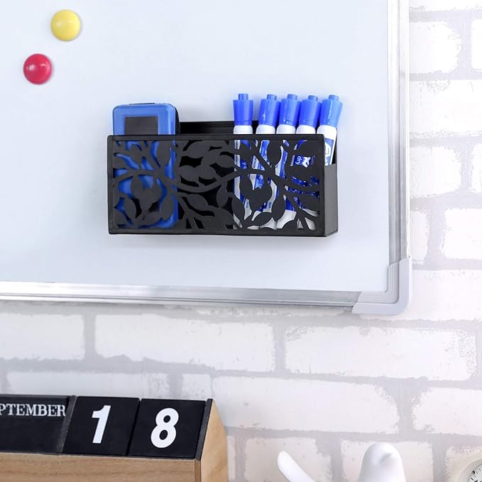 MyGift Black Metal Magnetic Dry Erase Marker Holder for Whiteboard Markers and Accessories Storage Basket Organizer with Floral Cutout Design