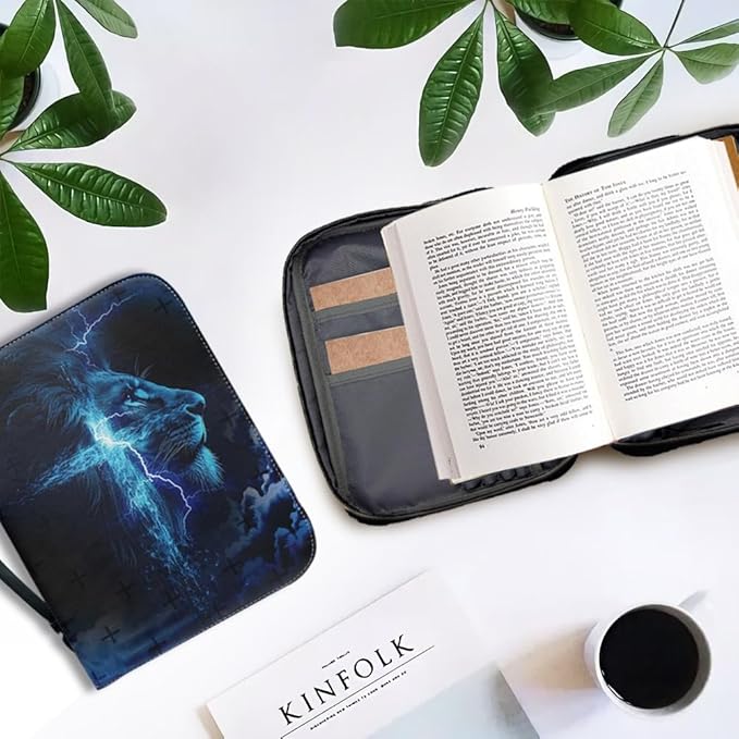 Bible Case with Handle and Zipper, Premium PU Leather Waterproof Bible Cover 11.2 x 8 x 2.2 Inches, Book Case for Standard Size Bibles with Pen Storage, Bible Accessories Gifts (Blue Lion)