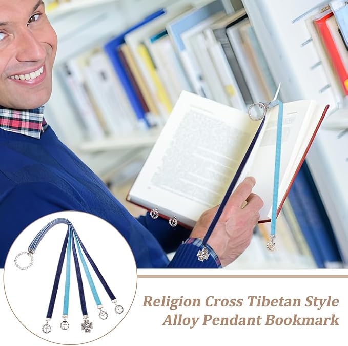 FINGERINSPIRE 2 Pcs Bible Ribbon Bookmark 2 Styles 14.2 Inch Velvet Ribbons Bookmark with 5 Ribbons Multi Page Ribbon Marker with Cross Charm for Bible Books(Cross Heart Blue & Pink)