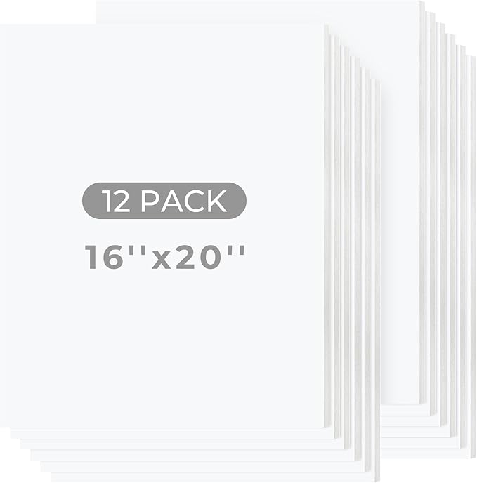 Mat Board Center, 12 Pack 16x20 White Foam Boards, Acid Free Foam Core Board, 1/8 inch Thick