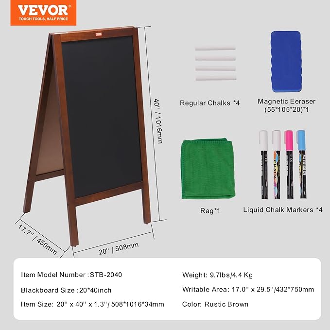 VEVOR A Frame Chalkboard Sign, Double-Sided Sidewalk Signs, Freestanding Vintage Wooden Chalk Board with Chalks & Magnetic Eraser, Rustic Brown Outdoor Sandwich Board, 20"x40", Kitchen Home Wedding