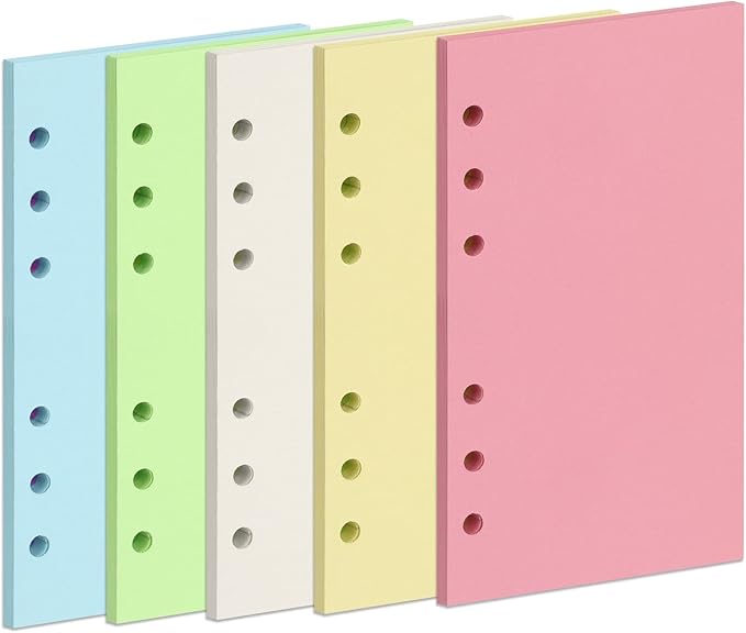 A6 Colorful Refill Paper, [5 Colors] Toplive 100GSM Thick Refillable Paper 6 Hole Filler Inserts Loose Leaf Paper 100 Sheets (200 Pages) for 6 Ring Binder Journal Notebook