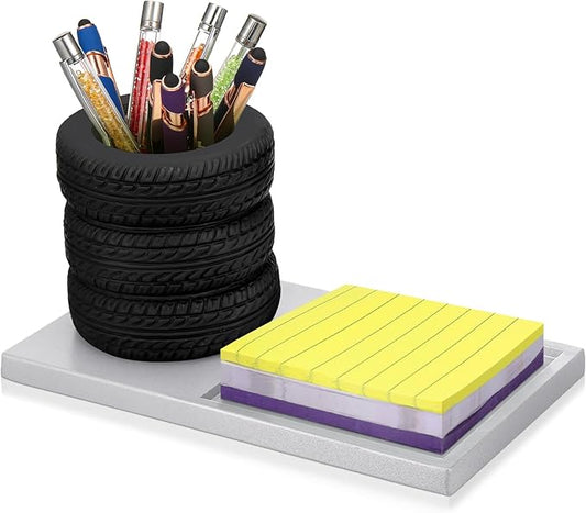 Fullhawl Tire Shaped Pen Holder with Sticky Notes Holder Set Tool Planter Pencil Storage Holder Desk Organizer Home Office Supplies Gift for Mechanics Car Lovers