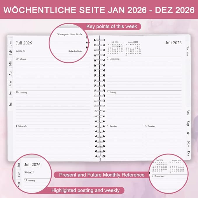 2026 Planner - Monthly Planner Runs January 2026 to December 2026, 6.25" x 8.25", 12 Monthly Tabs, 14 Notes Page, Inner Pocket, Flexible Cover with Twin-Wire Binding, Planners 2026, Pink