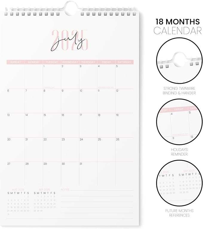 Karto Wall Calendar 2025-2026 - Vertical 11x17 inch July 2025 to December 2026 - Boost Your Productivity and Easy Planning with the Aesthetic Monthly Calendar - Two Font Pink