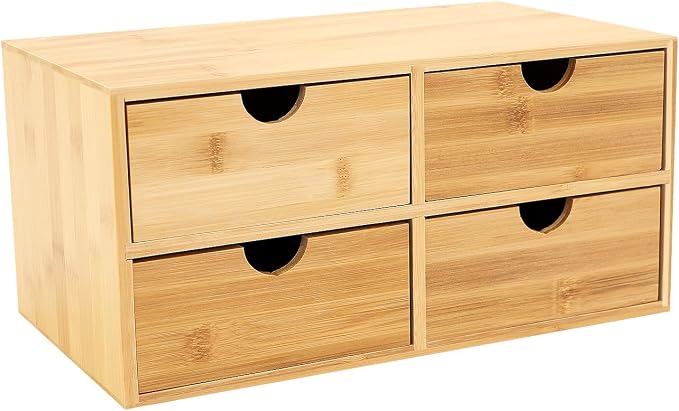 Gdrasuya10 Bamboo Desk Organizer, Drawer Tabletop Storage Organization Box for Office Home Toiletries Supplies, No Assembly Required (4 Drawer)