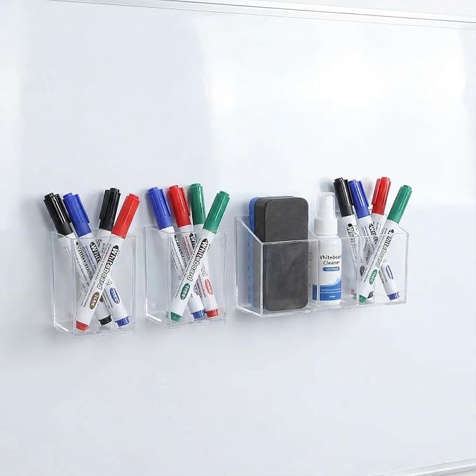 3-Piece Acrylic Pen Holder with Magnetic Sheets, Magnetic Dry Erase Marker Holder, Clear Marker Organizer Locker Organizer, Pen Organizer for Office Supplies, Makeup Brushes - No Assembly