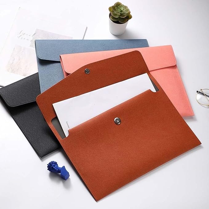 A4 PU Leather File Holder Document Envelope Folder with Snap Closure Blue Waterproof Portfolio File Oragnizer Pocket Storage Case for Receipt Contract Stationery Tablet, Business
