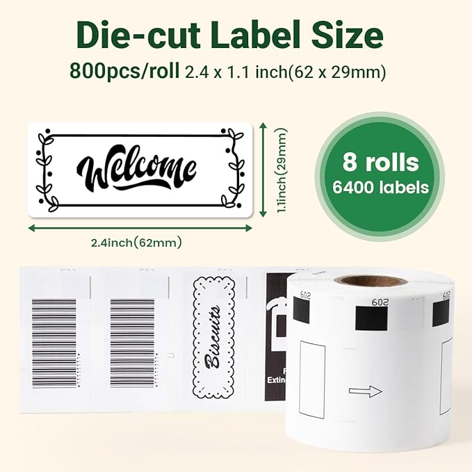 Compatible with Brother DK-1209(1.1” x 2.4”) White Paper Label, Address Barcode Die-Cut Work with QL-600 QL 810w QL 820NWB Printers (8 Rolls + 1 Frame)