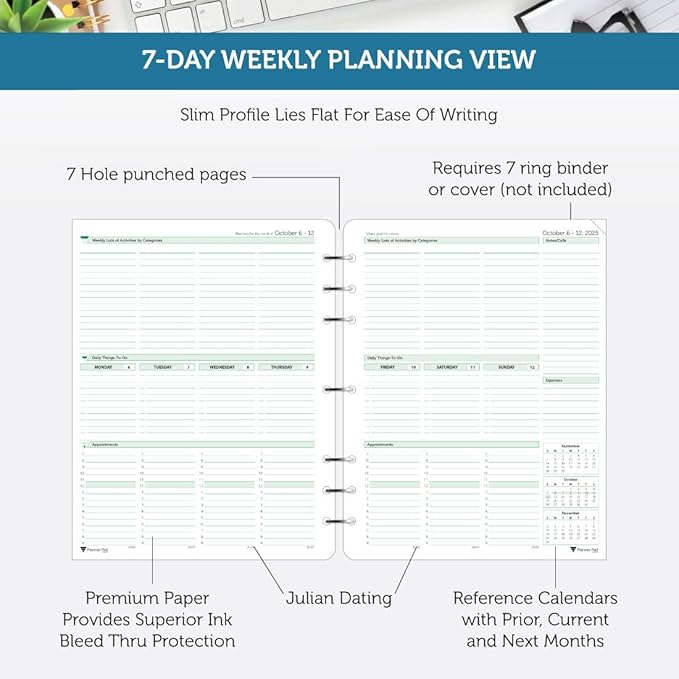 Planner Pad 7 Hole Loose Leaf 3-Tier Funnel Down 12 Month Organizer, October 2025 – September 2026, Soft Green Ink, 8 1/2" x 11”