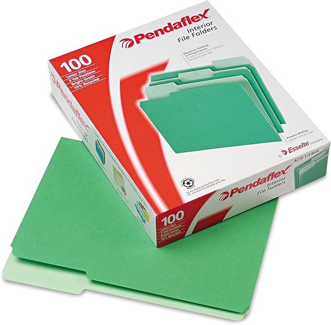 Pendaflex 421013BGR Pendaflex Interior File Folders, 1/3 Cut, Top Tab, LTR, Bright Green, 100/Box