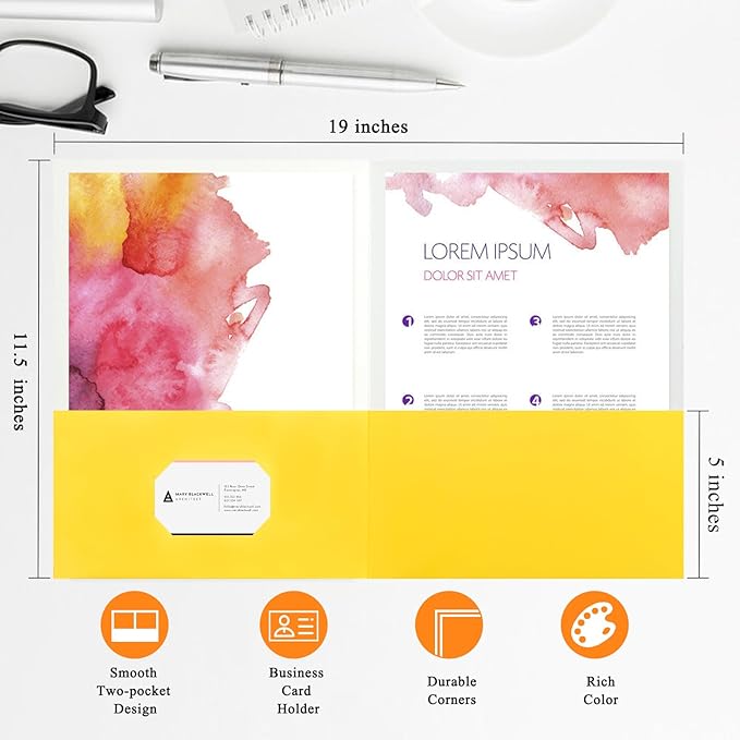 pmybupo 50Pcs Yellow with Pockets-2 Pocket Folders for Documents,Cute Paper Folders for Filing Cabinet,School,Office,Resume Portfolio