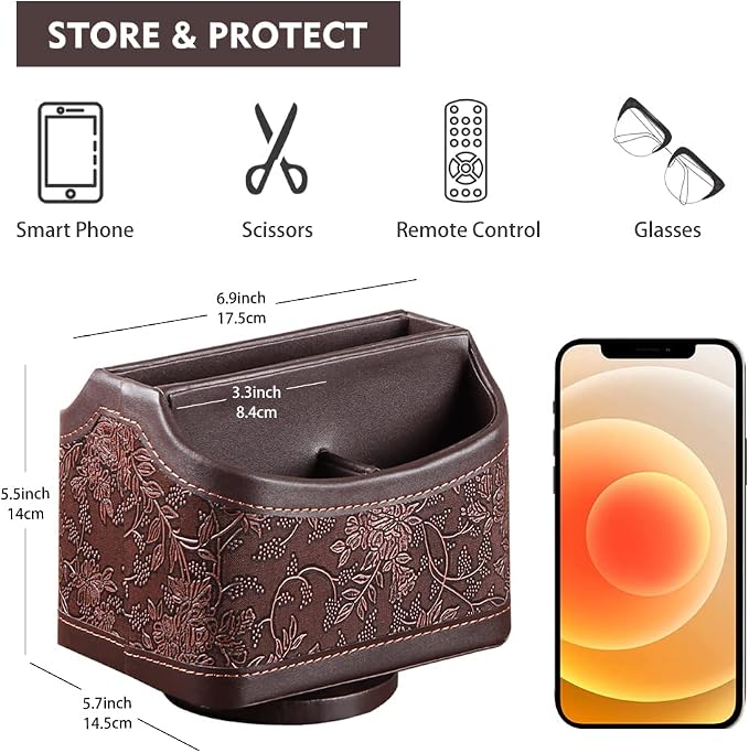 360° Rotating Remote Control Holder, PU Leather TV Remote Caddy Organizer Basket Storage Box with 5 Compartments for Pen, Pencil, Art Supplies, Makeup Brush, Office Desk Table Accessories