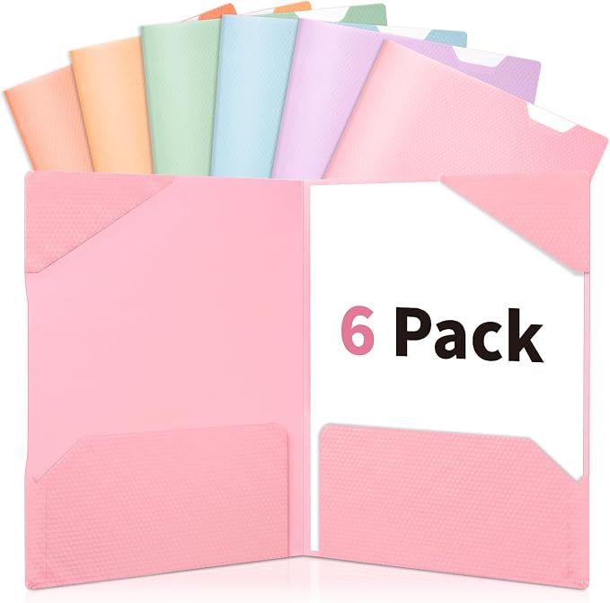 Sooez 6 Pack Folders with Pockets, 2 Pocket Folders with Writable Category Labels and Non-Slip Tabs, Fits A4/Letter Size Paper, Heavy-Duty Plastic Folders for School, Office, Home