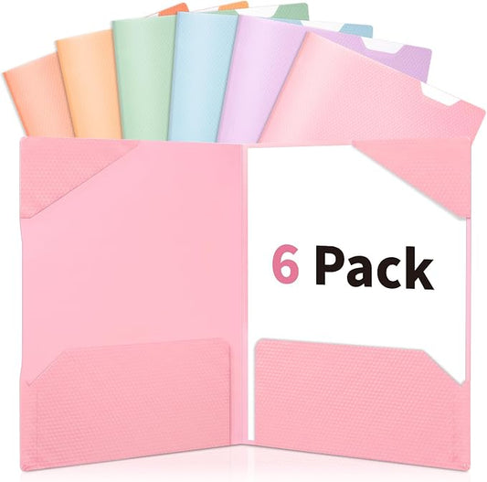 Sooez 6 Pack Folders with Pockets, 2 Pocket Folders with Writable Category Labels and Non-Slip Tabs, Fits A4/Letter Size Paper, Heavy-Duty Plastic Folders for School, Office, Home