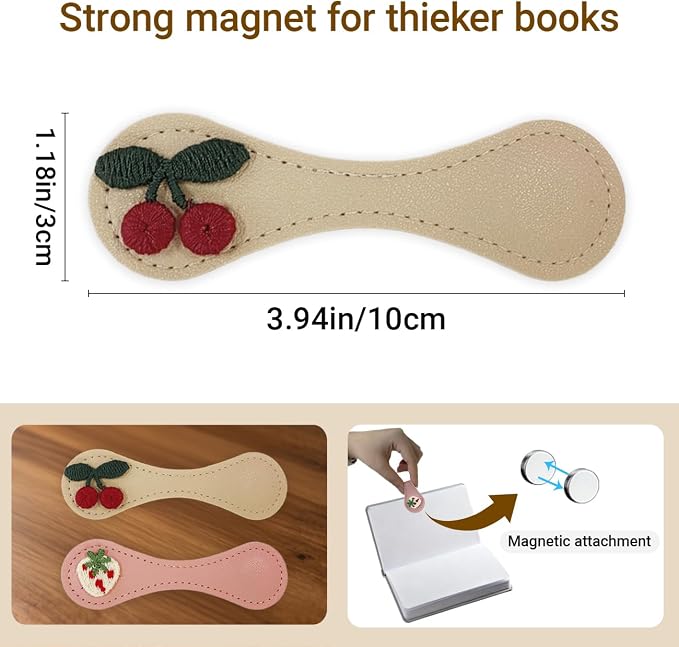 2Pcs Magnetic Leather Bookmark Set, Embroidery Magnetic Bookmarks Clips for Book Lovers Reading, Book Accessories(Pink Strawberry, White Cherry)