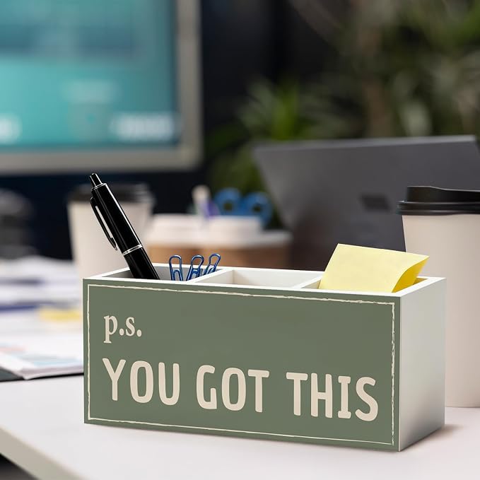 Green Inspirational Office Pen Pencil Holder, Inspirational Encouragement Gifts Wood Desk Organizer and Accessories, You Got This Motivational Pen Holder Desk Organizer for Office Tabletop