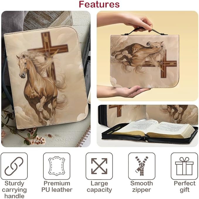 Bible Case with Handle and Zipper, Premium PU Leather Waterproof Bible Cover 11.2 x 8 x 2.2 Inches, Book Case for Standard Size Bibles with Pen Storage, Bible Accessories Gifts (Horse)