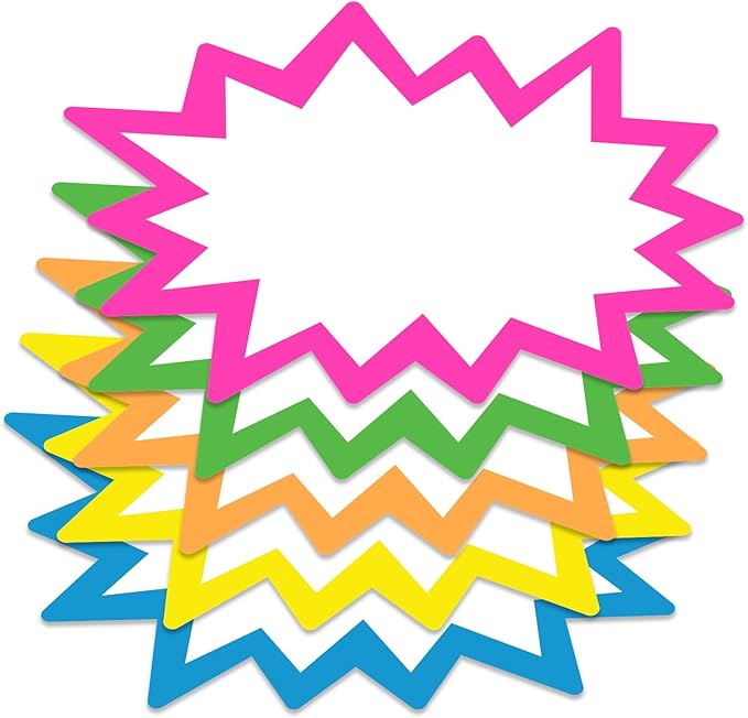 Starburst Signs with Stickers 100pcs | Price Tags for Garage, Estate, Yard Sales. 50pcs Sign Cards & 50pcs Sticker Dots. Neon 3x5 inch