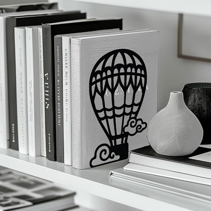 Peacoblue Metal Bookends for Shelves, Modern Decorative Heavy Duty Study Book Support Stoppers for Office, Desk, Shelf, Room 5.3"x4.3"x7.9" Cast Iron Simple Tall Bookends, 1 Pair (Hot Air Balloons)
