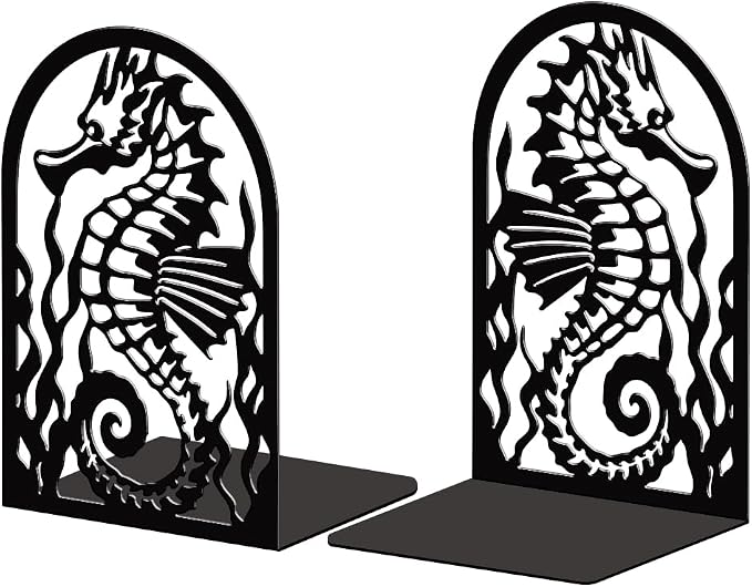 Peacoblue Metal Bookends for Shelves, Modern Decorative Heavy Duty Study Book Support Stoppers for Office, Desk, Shelf, Room 5.3"x4.3"x7.9" Cast Iron Simple Tall Bookends, 1 Pair (Seahorse)