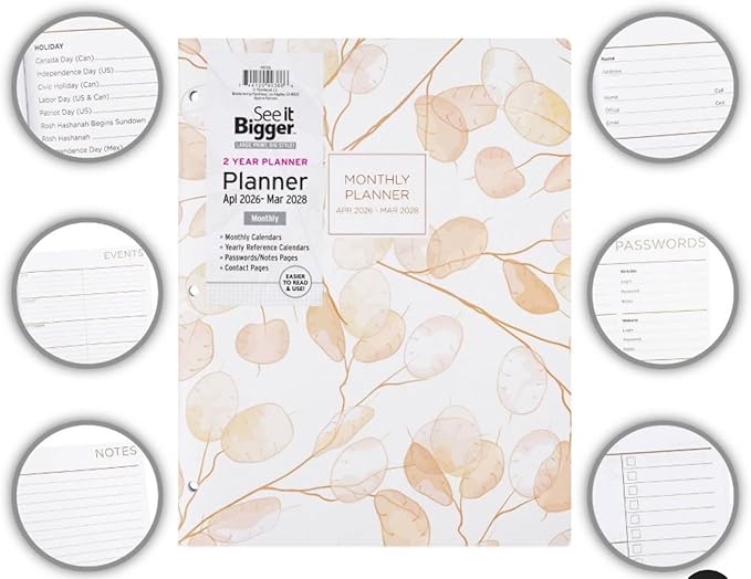 PlanAhead See it Bigger Home/Office 2-Year Monthly Planner April 2026 - March 2028 Specialized Large Print, Size 8.5'' X 11'', assorted colors and 6 in 1 Multicolor Ballpoint Colorful Ink Pen.
