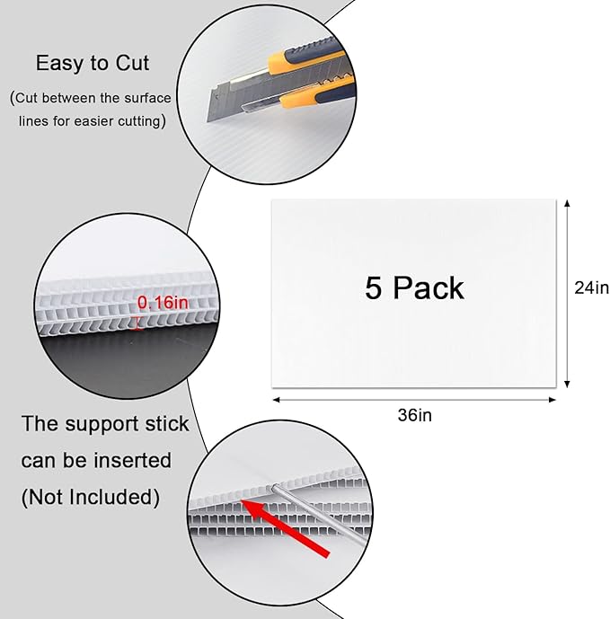 Corrugated Plastic Board 24" x 36", 5 Pack White Plastic Poster Board & Blank Yard Signs, 3/16 Inches Thick Double-Sided Poster Sheets for School Projects, Craft, Art, Garage Sale, Rent
