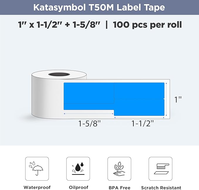 SUPVAN T50M Series Label Maker Tape, 0.98'' × 1.5'' + 1.58'' (25 × 38 + 40mm) 100 Labels/Roll Genuine Laminated Thermal Cable Label, Waterproof Oilproof Highly Adhesive Auto Detect Labels, Blue