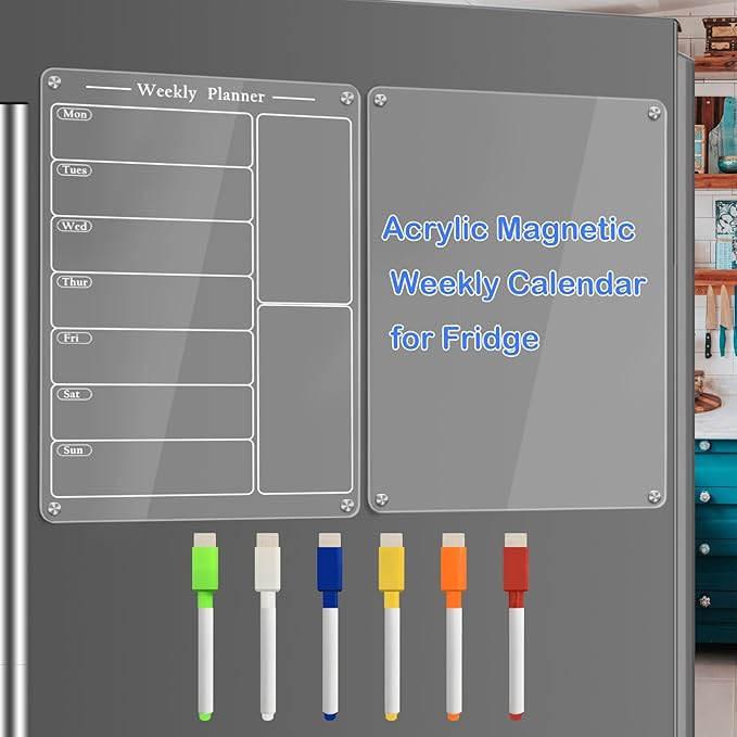 JonXon 2PCS 8"X12" Acrylic Magnetic Menu Board for Kitchen,Acrylic Weekly Calendar for Fridge,Clear Meal Planner for Refrigerator,Magnet Fridge Menu Planner with 6 Magnetic Erasable Markers