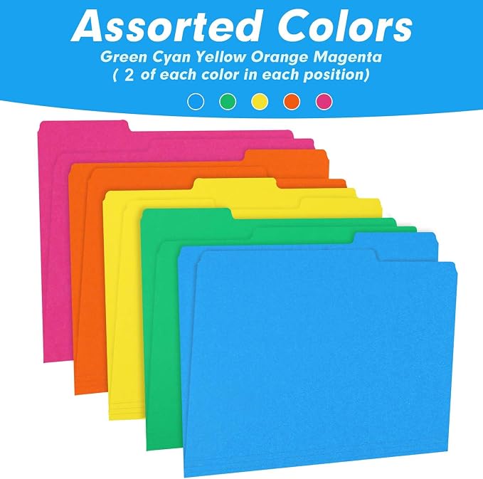 File Folder, RAZCC 30 Pack 1/3 Cut Tab Colored File Folders, File Folder Letter Size for Office Classroom Use, Assorted 5 Colors Folders with Tabs
