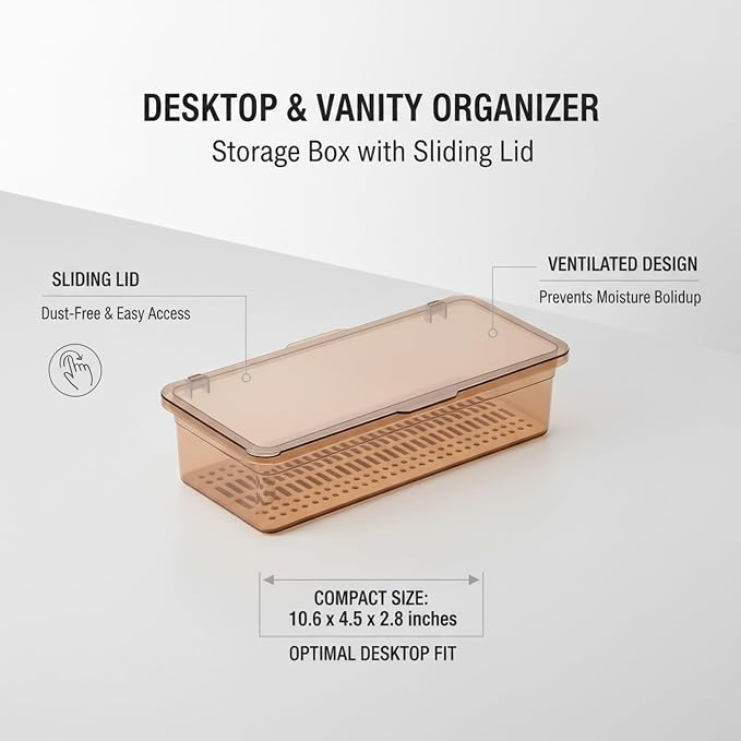 Desktop Storage Box with Sliding Lid, Clear PP Plastic Organizer for Office Supplies, Vanity Essentials, and Kitchen Countertops, Brown, 10.6 x 4.5 x 2.8 Inches