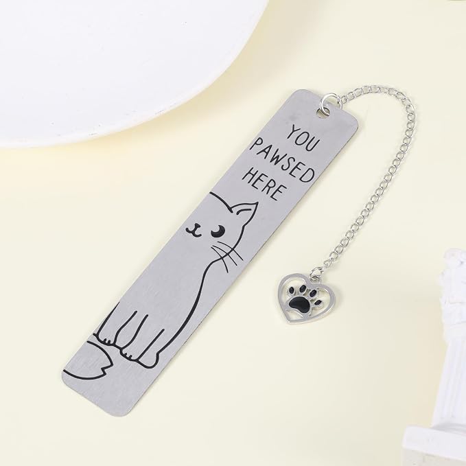 Cat Pendant Bookmark, Cute Cat Gifts Funny Silver Animal Metal Book Marks for Reading Women You Pawsed Here Kitten Bookmark Kitty Lovers Gift for Women Men Readers