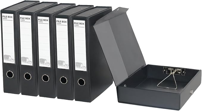 6 Pack Foldable Plastic Box Files A4 with Metal Clip,65mm Spine,Document Archive Folders for Office（Black）