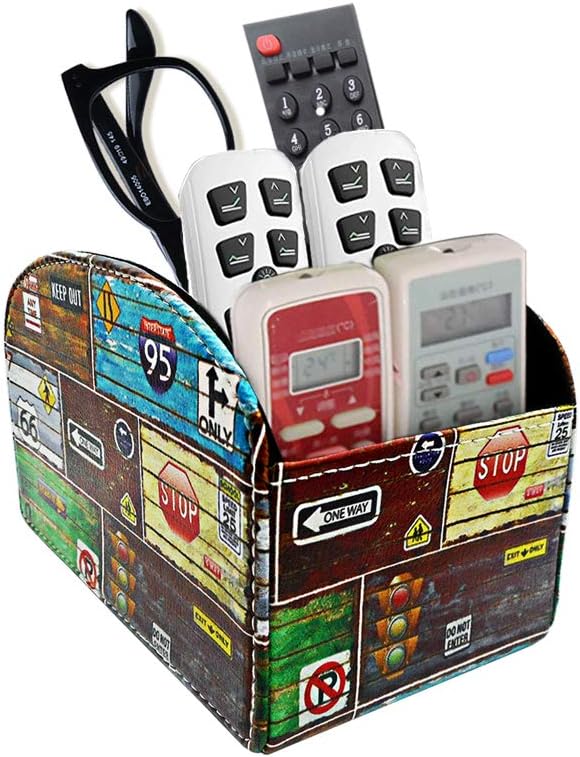 Remote Control Holder Organizer - Leather Table Desk Storage with 5 Spacious Compartments (Road Sign)